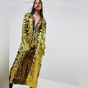 "Jaded London": Gold Disc Sequin Long Duster